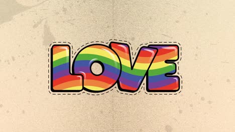 Animation-of-love-text-in-rainbow-colours-and-stitched-outline-on-yellow-background