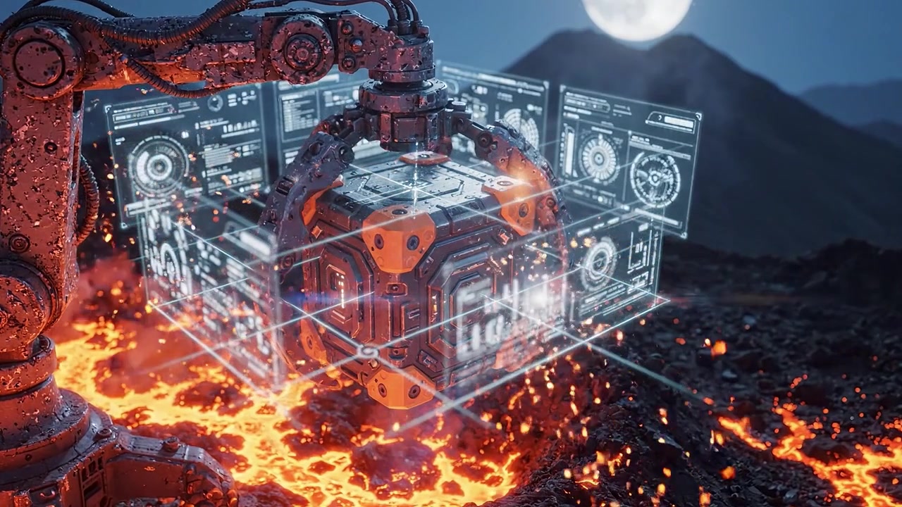A Robotic Arm Operates on a Volcanic Landscape, Manipulating a High-Tech Cube While Surrounded by Lava Flowing Underneath a Full Moon's Bright Light