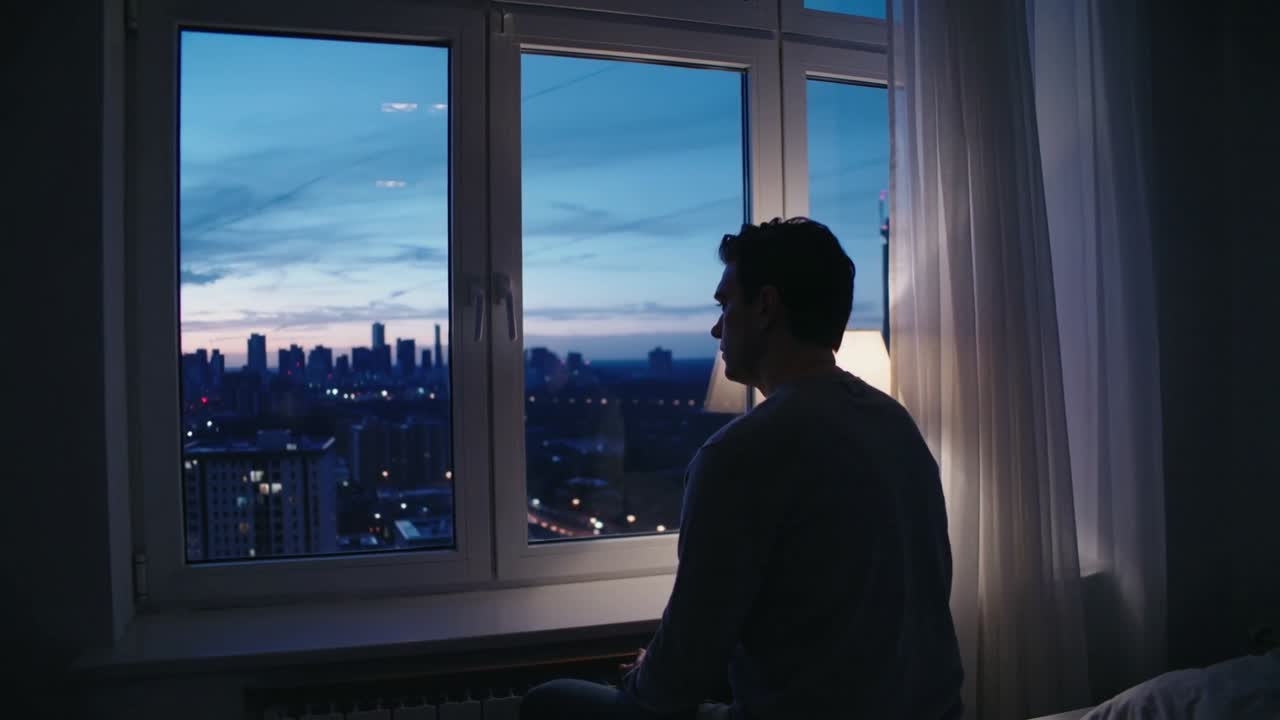 Gazing man in sweater, watching skyline at window as dusk deepening beside lit lamp, copy space