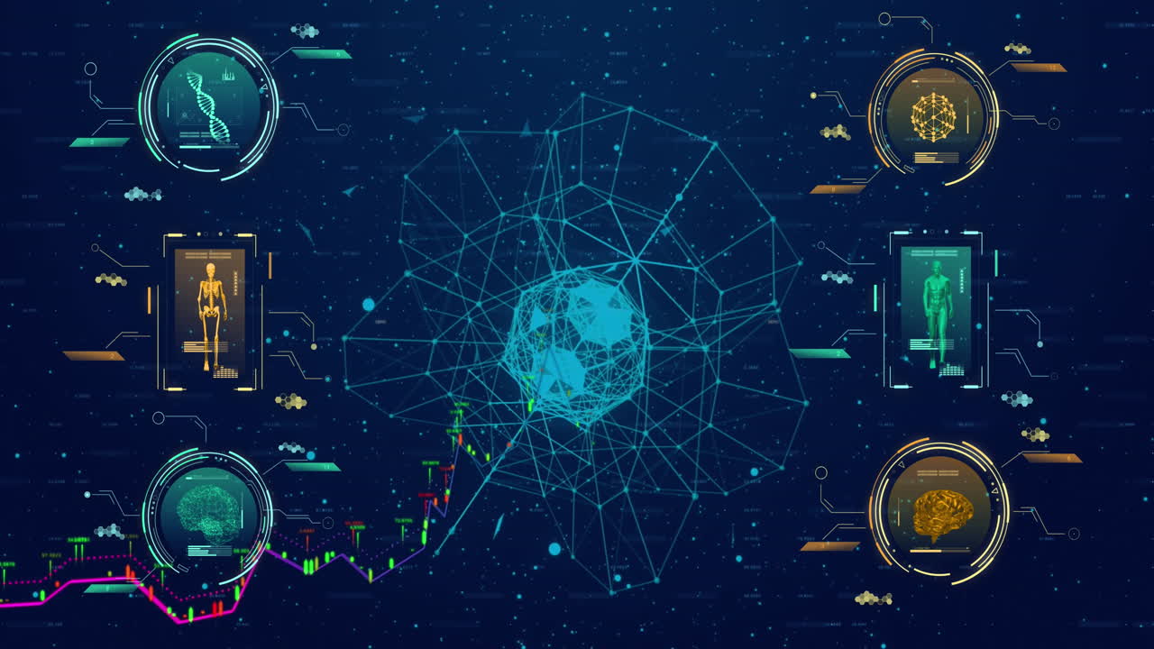 Animation of data processing and shapes on blue background