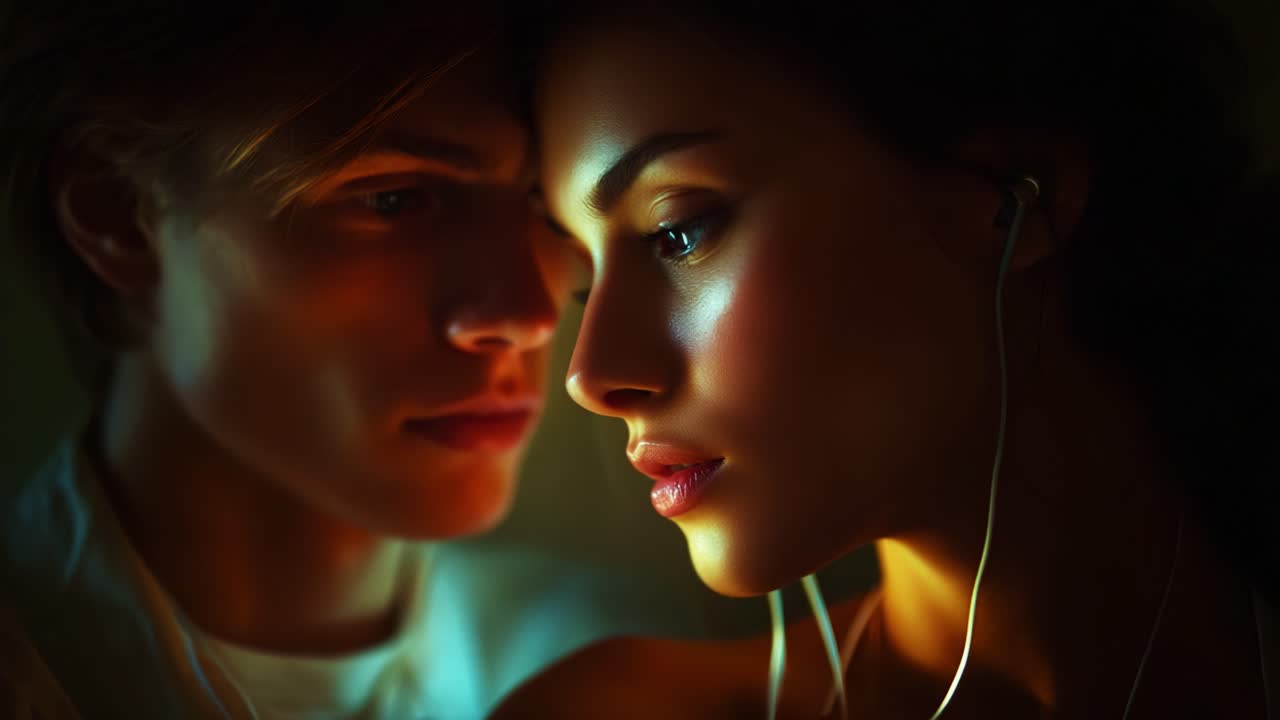 A Captivating Moment of Intimacy: A Close-Up of Two Young Adults Sharing an Emotional Connection While Listening to Music Through Earphones, Bathed in Warm, Ambient Light that Highlights Their Expressions