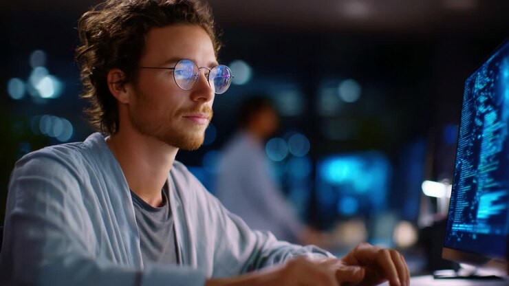 Persona concentrata con abbigliamento casual intenta a lavorare al computer di notte, mettendo in evidenza la tecnologia moderna e la concentrazione