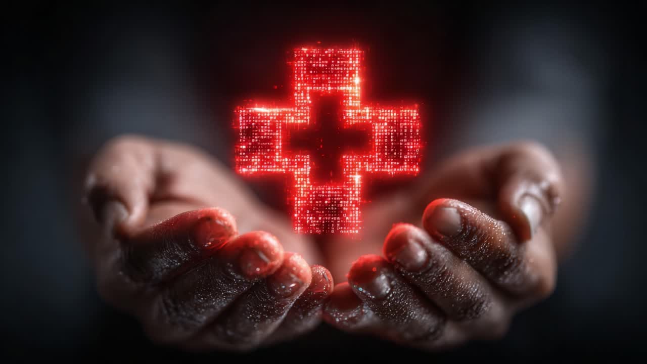 Un Simbolo di Cura: Croce Rossa Illuminata Tra le Mani, Che Riflette l'Essenza di Salute, Compassione e Supporto nell'Era Digitale, a Significare Speranza e Guarigione