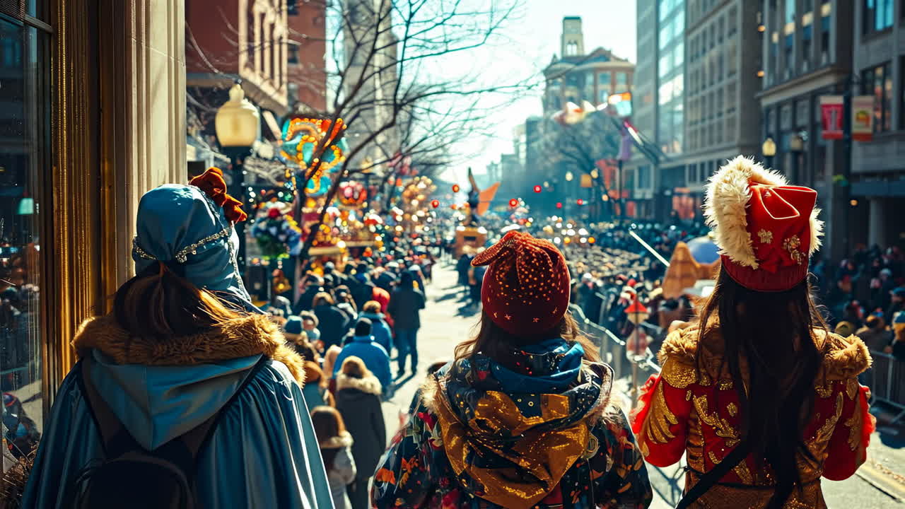 Colorful parade fills the street. Crowds gather in a festive atmosphere as friends admire a lively parade with vibrant floats and decorations