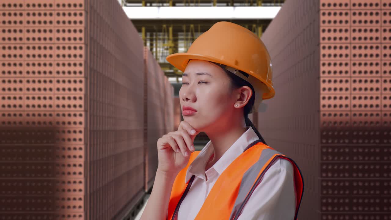 Close Up Side View Of Asian Female Engineer With Safety Helmet Thinking About Something And Looking Around While Standing With Red Brick Packed in Stacks Are Stored