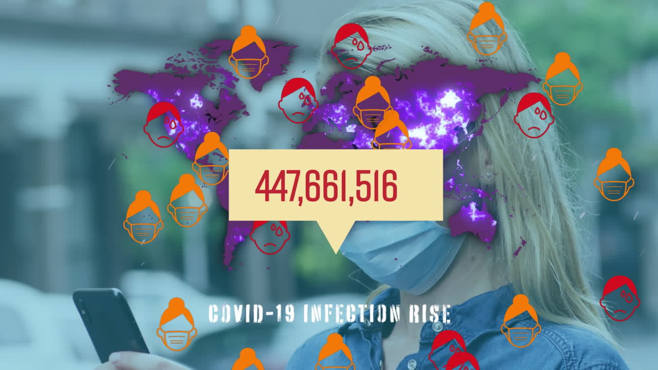 코로나19 데이터 처리의 애니메이션, 세계 지도 위의 아이콘과 얼굴 마스크를 입은 여성