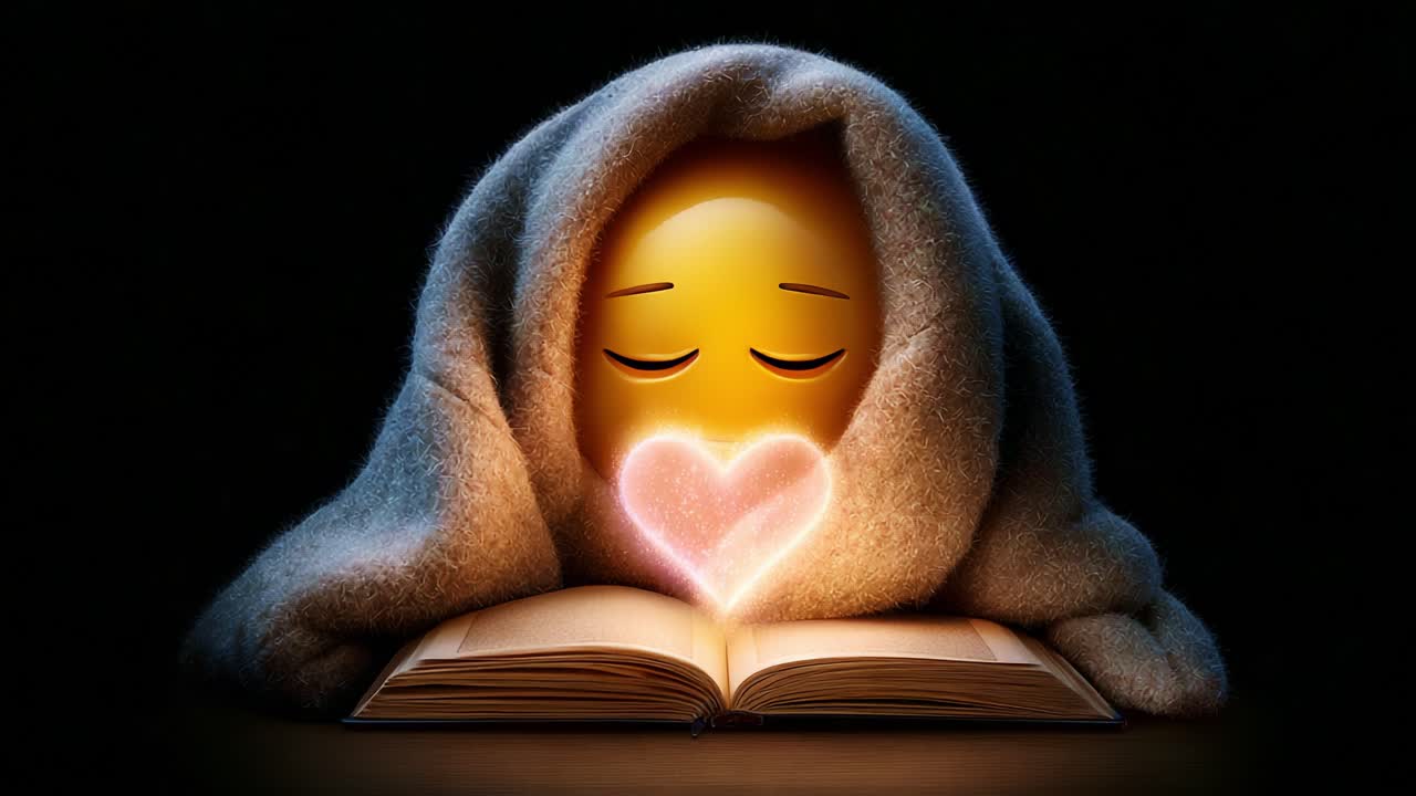 A cozy, heartwarming scene featuring an emotive character wrapped in a blanket, peacefully enjoying a moment with an open book, radiating warmth and affection in a dark atmosphere