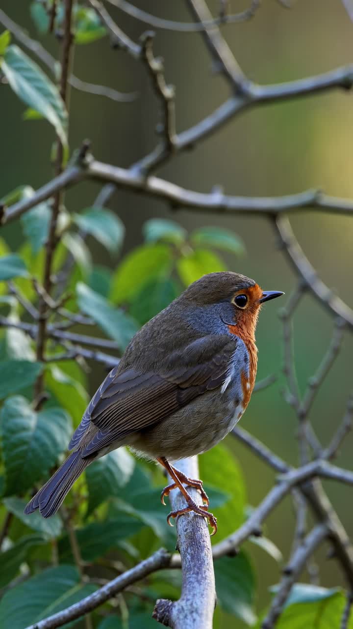 Close-up video of a robin perched on a branch, shot from a side angle