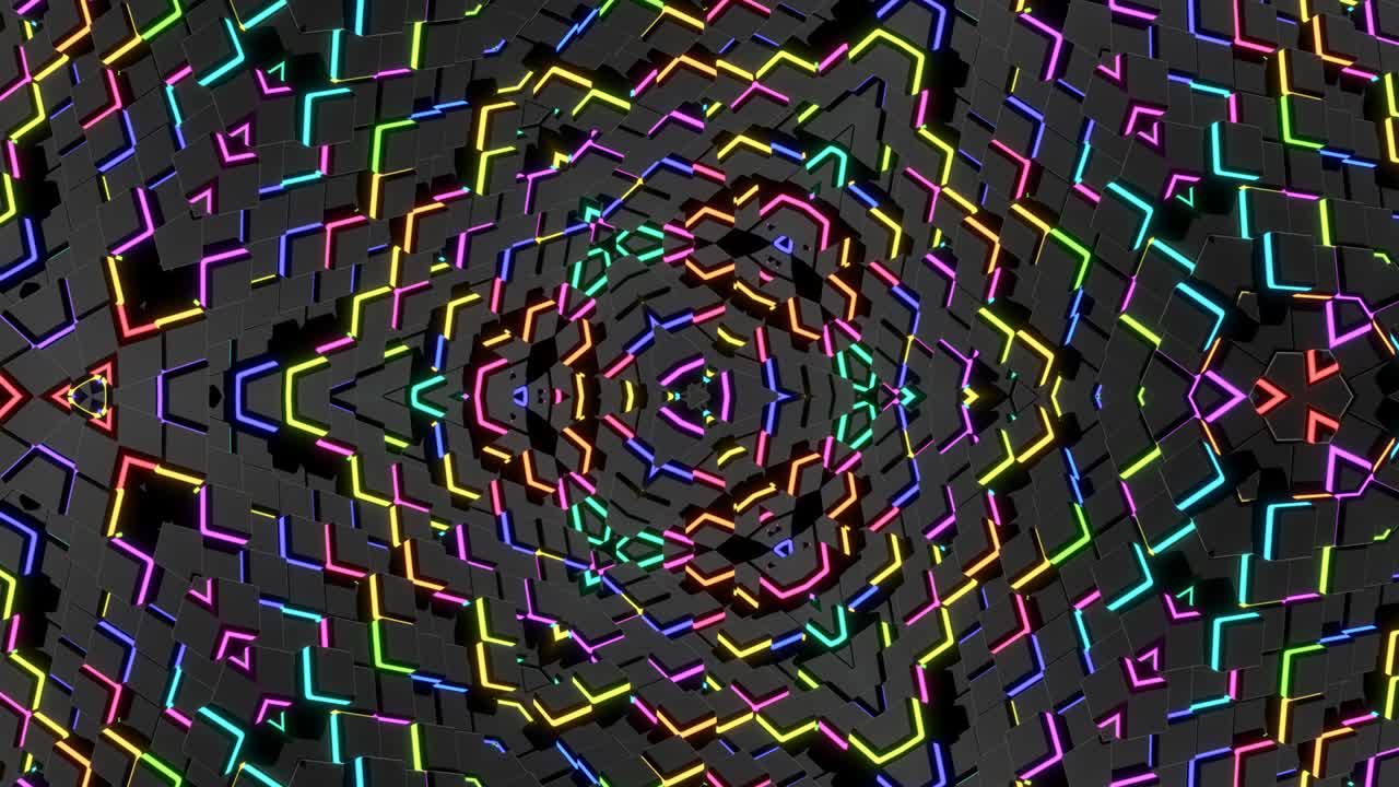 4k abstract looped background with symmetrical structures like kaleidoscope with lighting bulbs, multicolor neon lights. Vj loop for beat music, festive show or holiday events, festivals or concerts