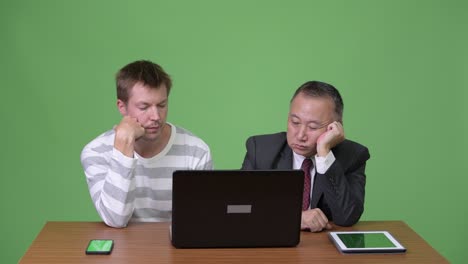 mature japanese businessman and young scandinavian businessman working together