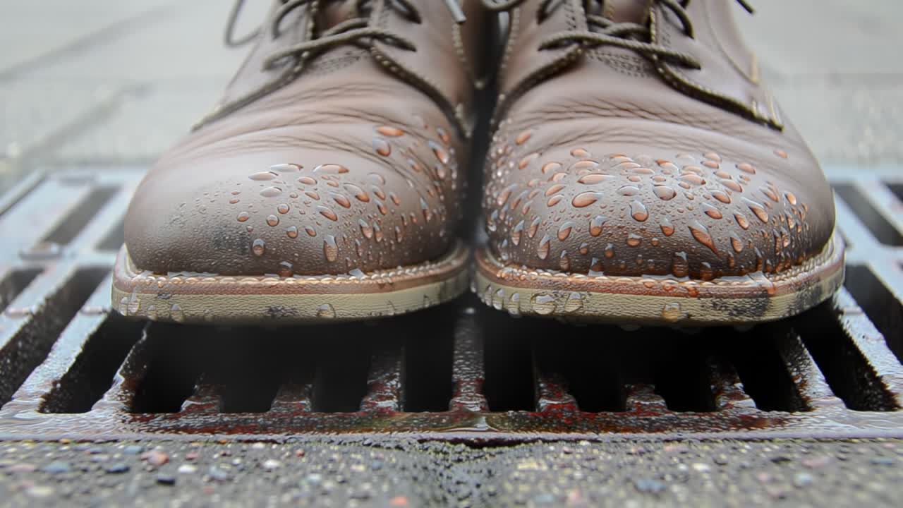 A Close-Up View of Brown Leather Shoes with Water Droplets Resting on a Drain Grate, Capturing the Essence of Rainy Days and Urban Life