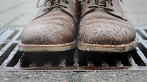 a close-up view of brown leather shoes with water droplets resting on a drain grate, capturing the essence of rainy days and urban life