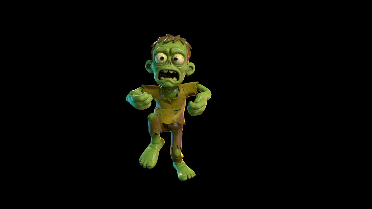 Divertente personaggio zombie animato che cammina e si guarda intorno