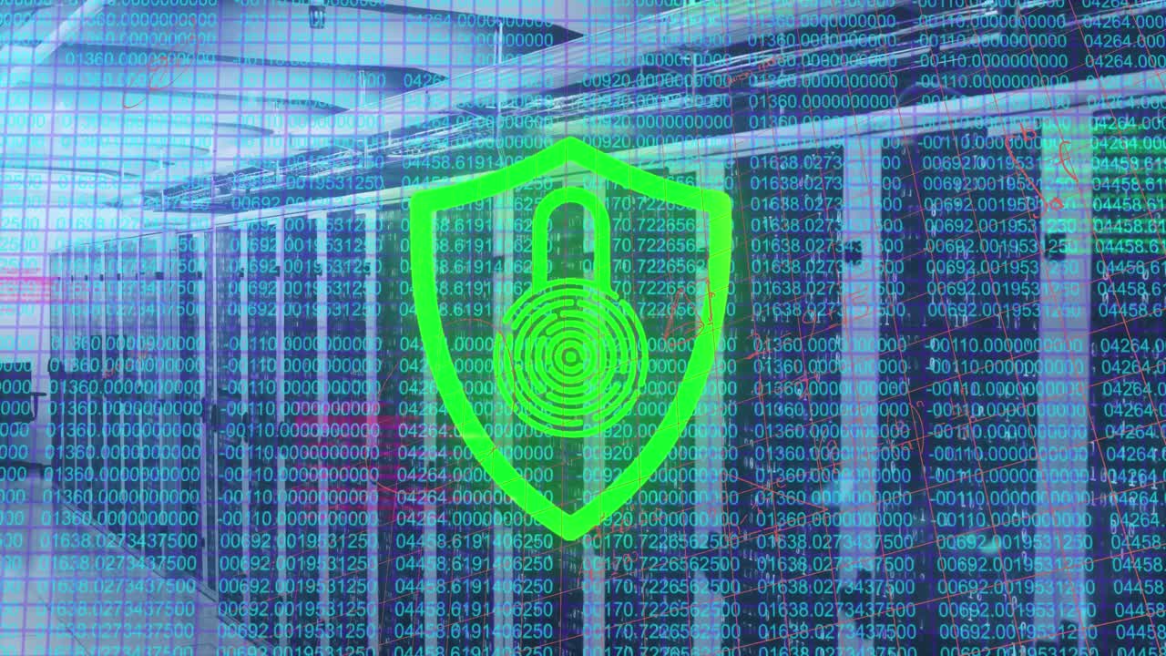 보안 잠금 아이콘의 애니메이션과 컴퓨터 서버 객실에 대한 데이터 처리