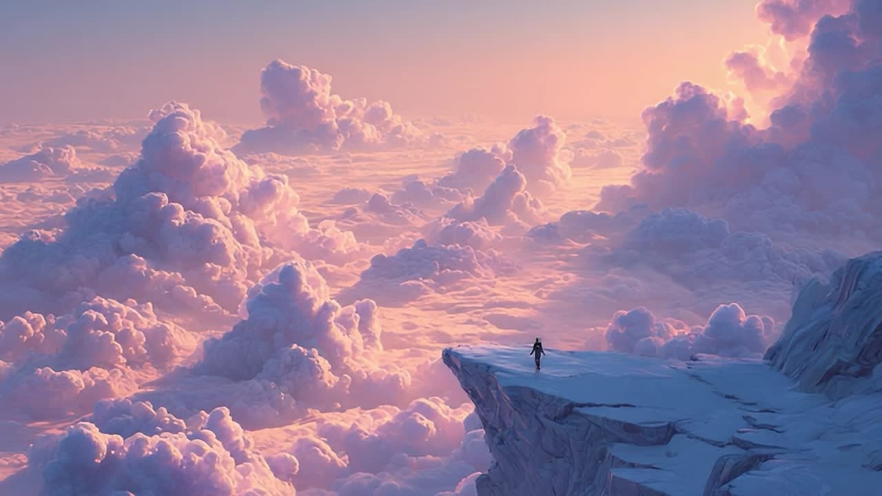 Paesaggio da sogno con una figura che vola sopra nuvole colorate