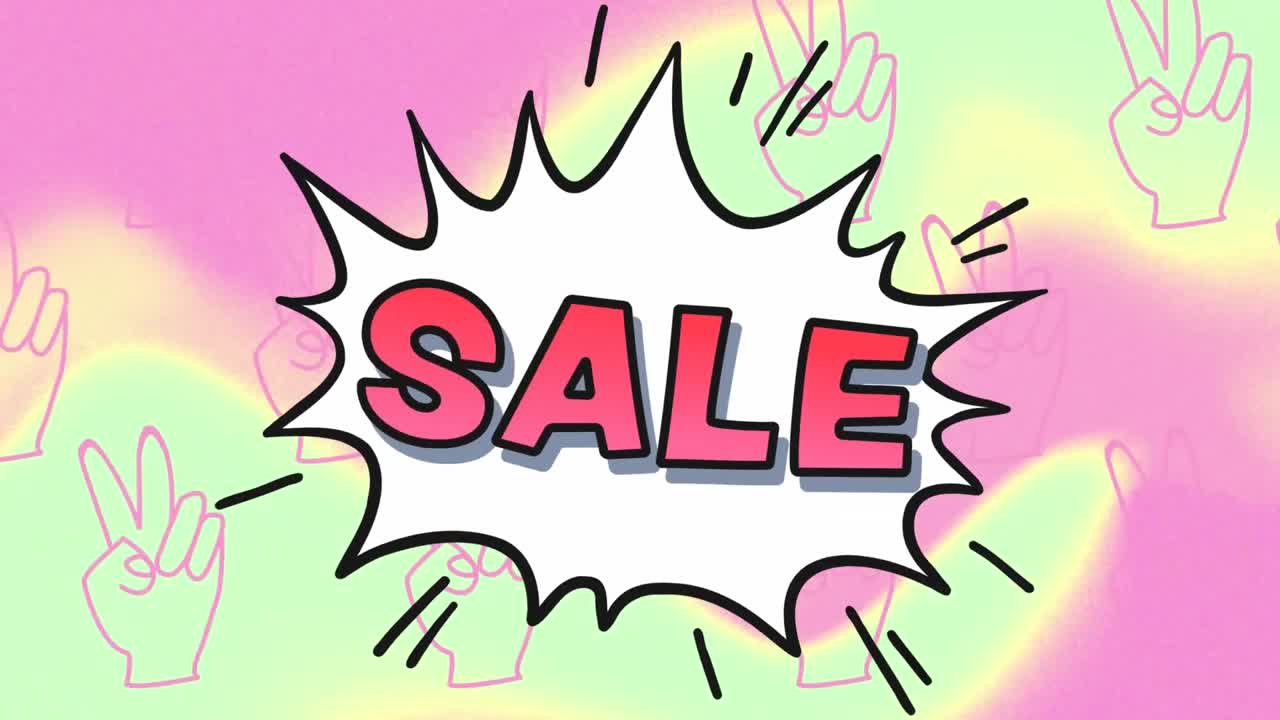 분홍색과 초록색 배경에  ⁇ 은 색의 텍스트 판매 애니메이션 폭발, 평화 표지판 손