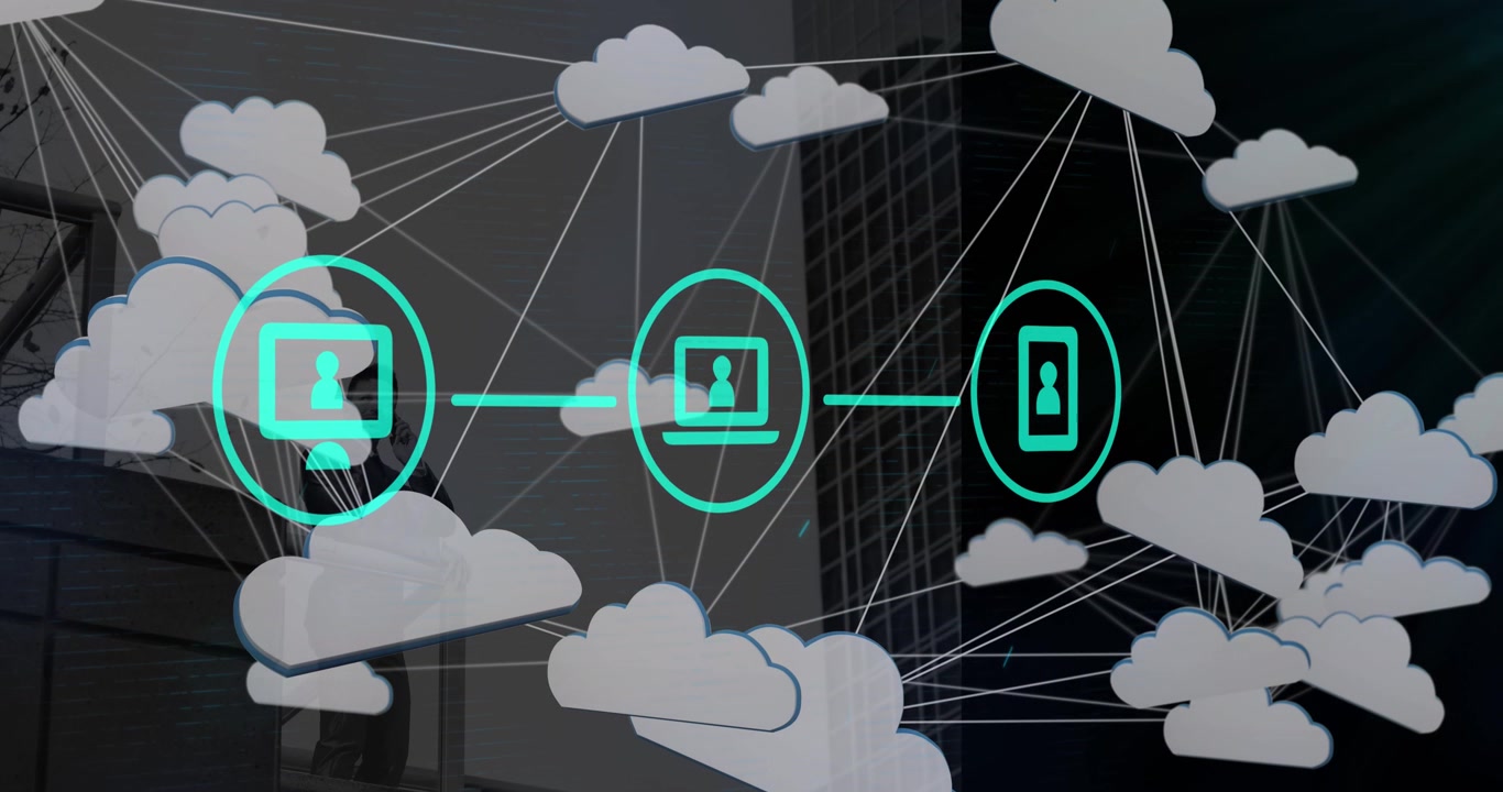 Animation of digital icons and network of cloud icons against tall buildings