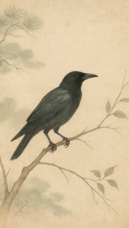 elegant crow perched on a branch, captured in a side profile video. live mobile wallpaper
