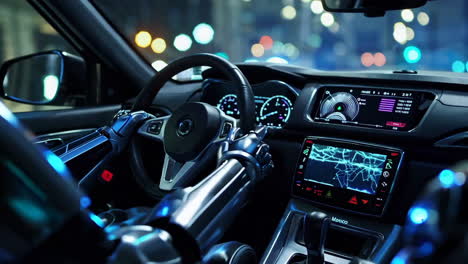 robot conduciendo un coche por la noche
