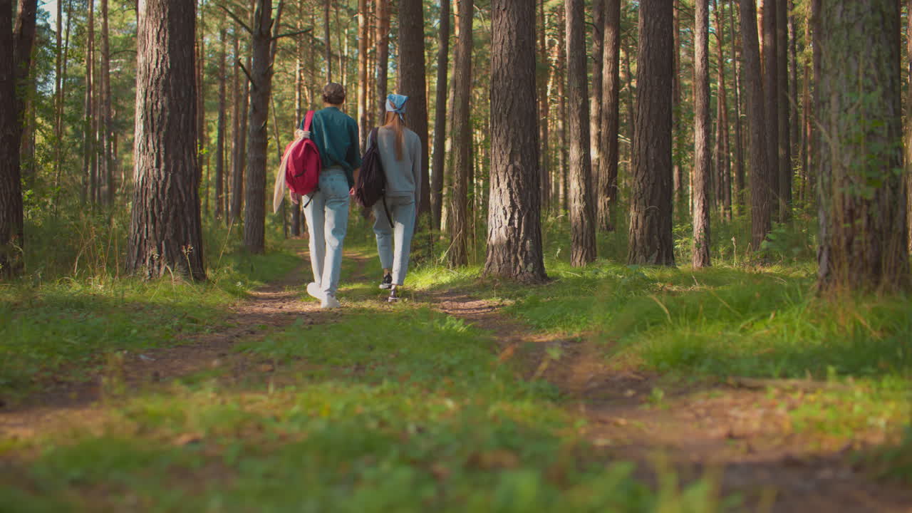 vista trasera de dos hermanas caminando por un sendero forestal rodeado de exuberante vegetación, una lleva una corbata de cabello azul, llevando una mochila negra, mientras que la otra tiene una mochila roja, árboles altos en el camino