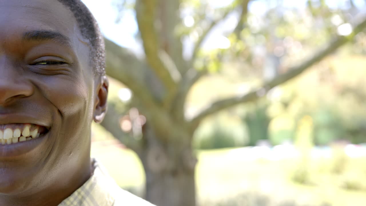 Smiling african american man enjoying sunny day outdoors with tree in background, copy space