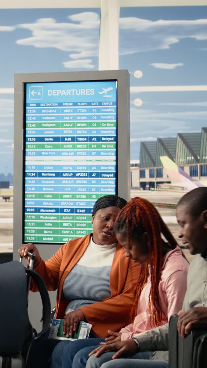 Video verticale: famiglia afroamericana allegra con adolescente che si rilassa nella lounge dell'aeroporto.