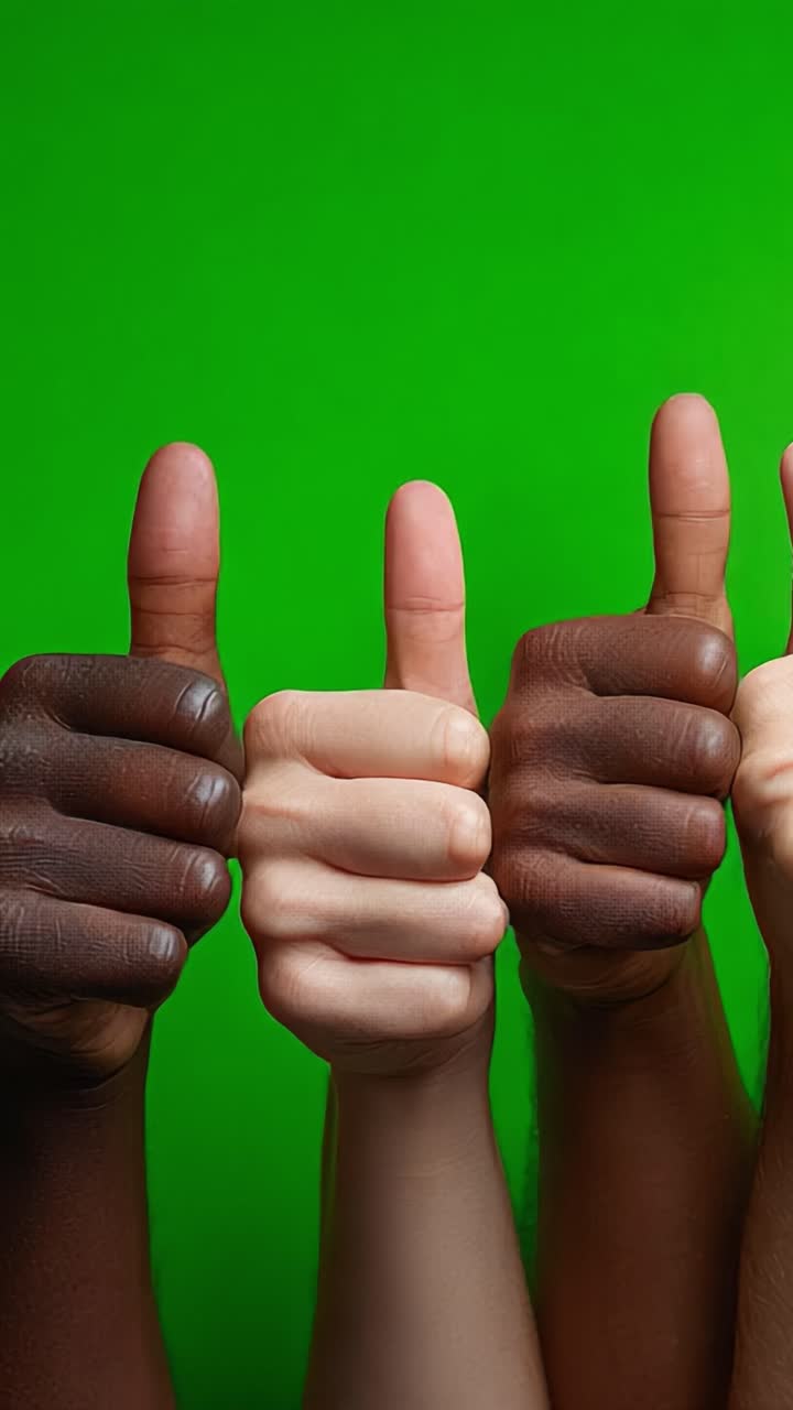 A Celebratory Display of Unity and Agreement: Diverse Hands with Thumbs Up Against a Bright Green Background Emphasizing Positivity and Togetherness