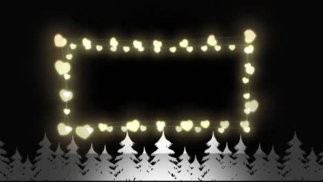 Yellow-heart-shaped-fairy-lights-against-multiple-trees-icons-on-black-background