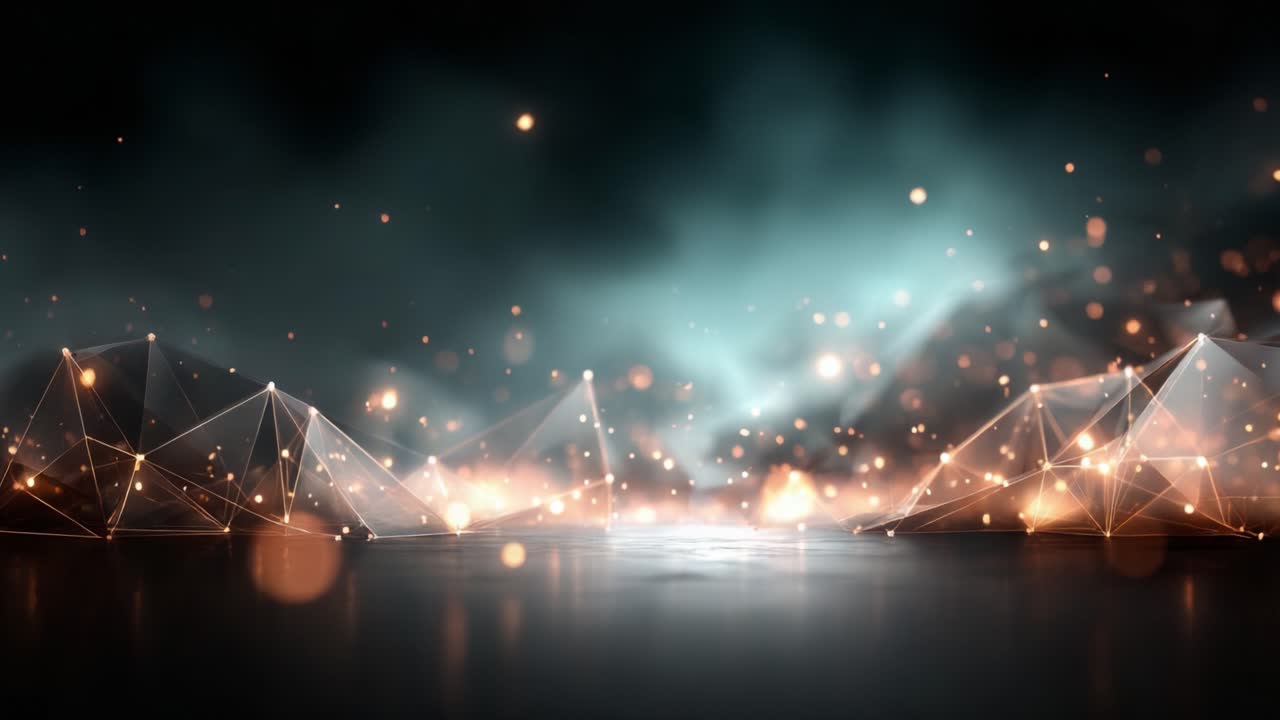 A Captivating Display of Light and Geometry: An Abstract Visualization Featuring Dynamic Connections and Luminous Particles in a Misty Atmosphere