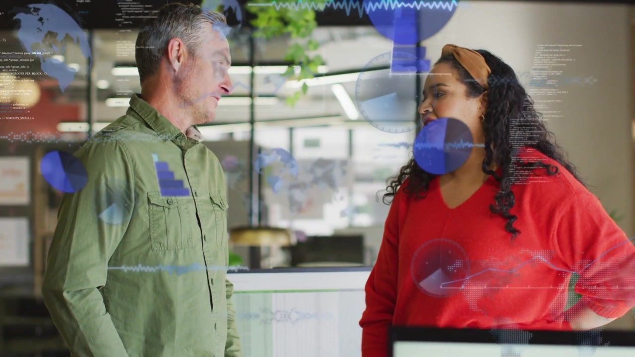 Vertical video: Team speaking in office, chat sparking data HUDs growing over them as planning tech