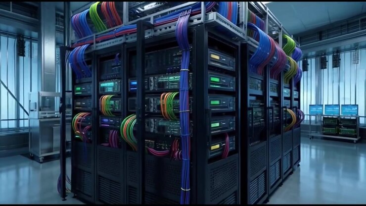 Modern Server Room with Rows of Network Racks and Colorful Cables