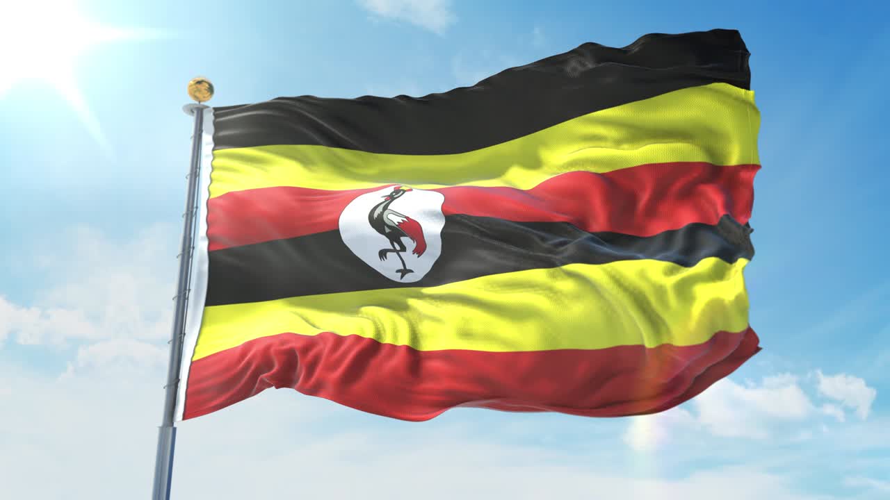 bandera de uganda ondeando en el viento contra el cielo azul profundo. tema nacional, concepto internacional. 3d render ciclo sin costuras 4k