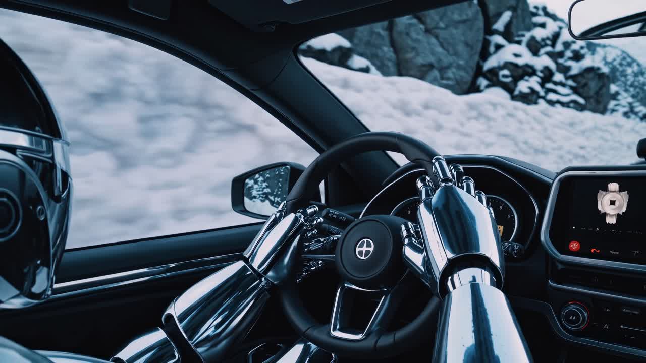Robot alla guida di un'auto in inverno