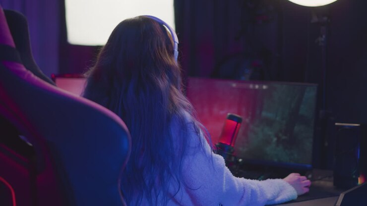 rear view of young female gamer wearing headset playing game on desktop computer with red microphone glowing beside monitor in cozy setup with colorful lighting and ergonomic chair in frame