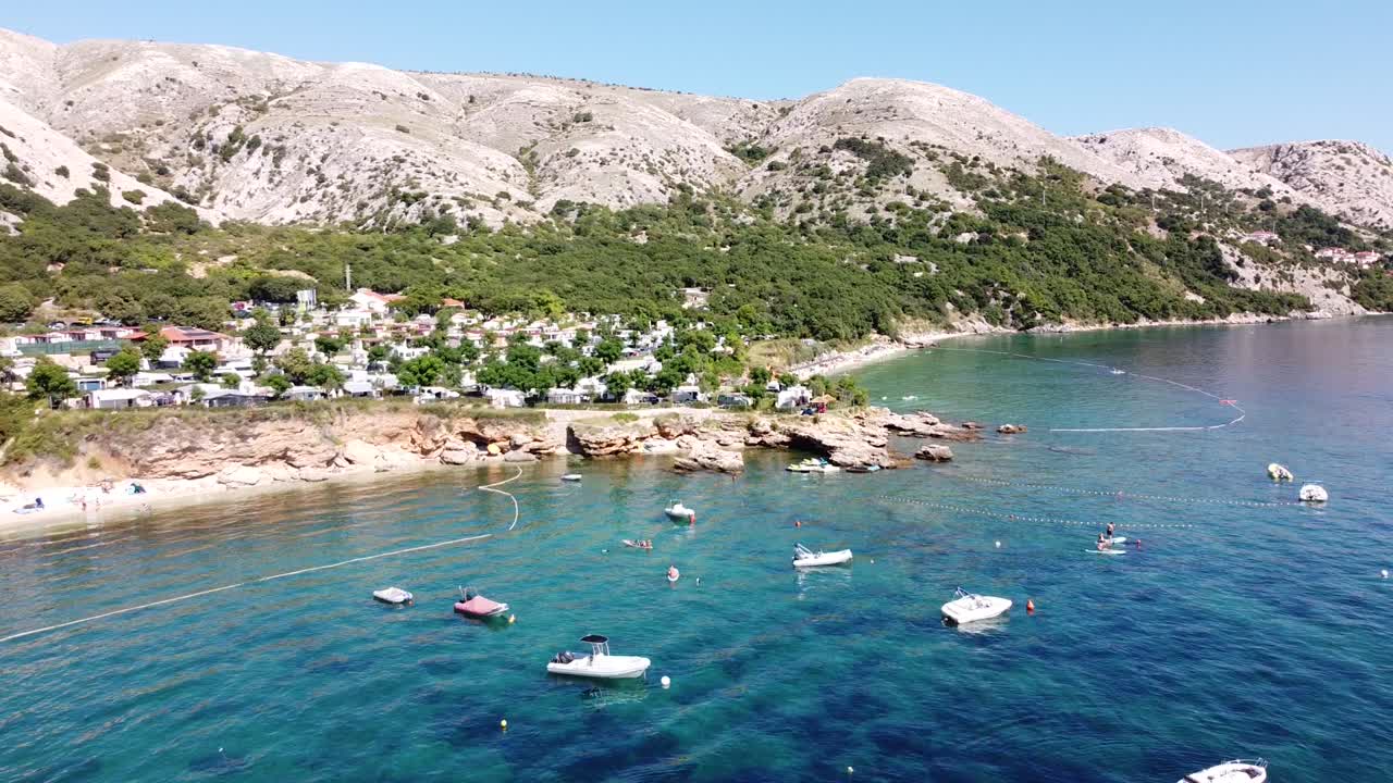Krk Island, Croatia - Aerial Drone View of the Coast with Boats, Campsite and Beaches at the Adriatic Sea