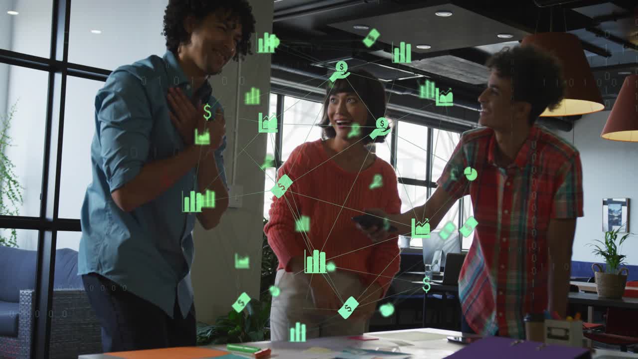 Team reviewing charts for biz lead woman speaking and pointing while green icons overlaying charts