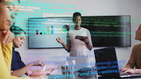 animation of data processing over diverse colleagues having meeting in office