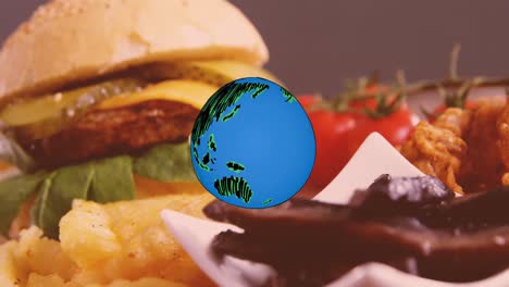 animation of globe icon over fast food with hamburger, chips and onion rings