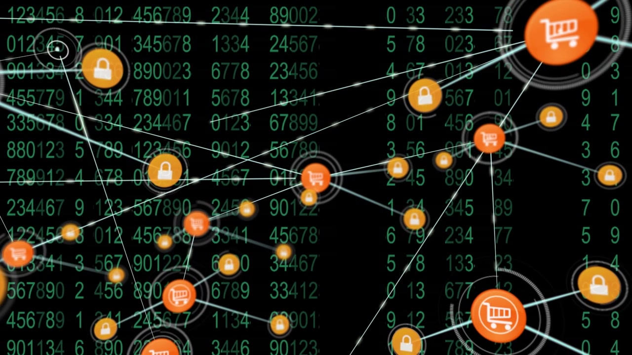 Animazione di una rete di connessioni con icone in sovrimpressione all'elaborazione dati su sfondo nero