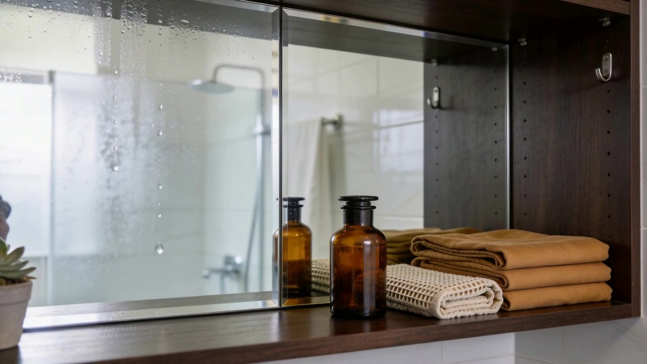Showing bathroom mirror with steam droplets running while wood shelf holding amber bottles, towels