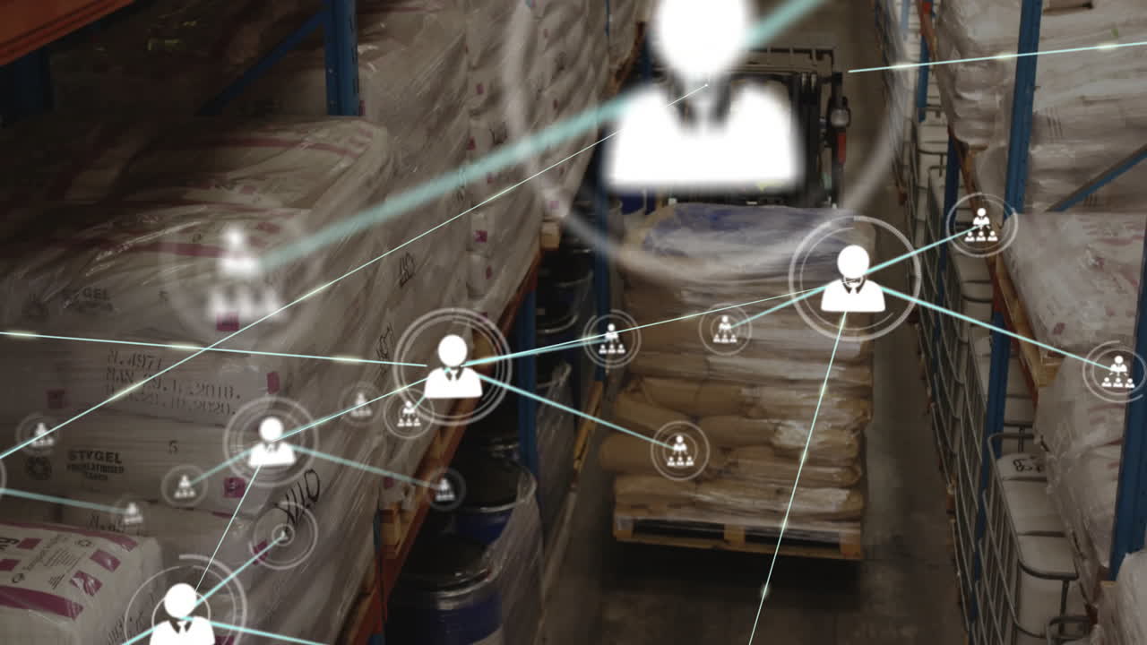 포크리프트를 운용하는 창고 노동자에 대한 연결 네트워크 애니메이션