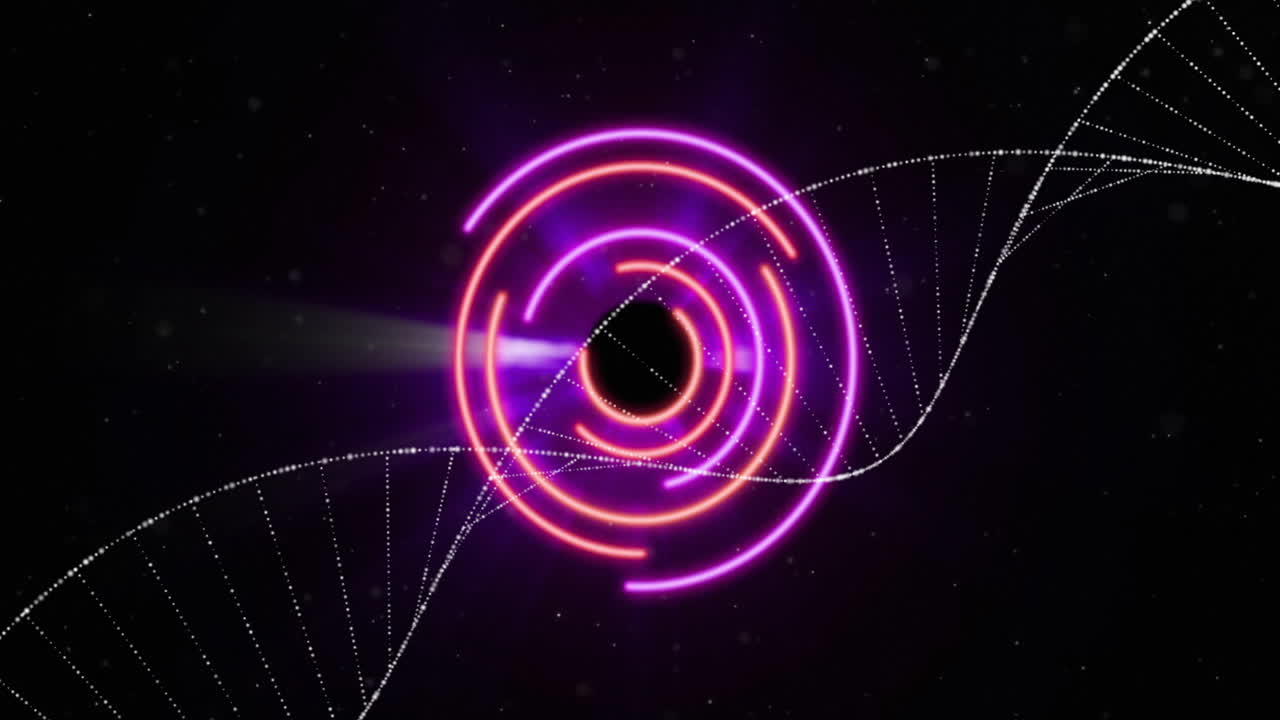 Animation of glowing pink circles and dotted wave lines on dark background
