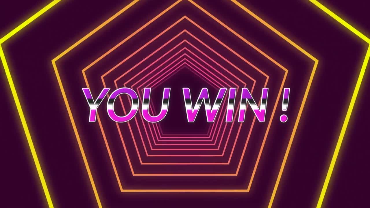 검은색 바탕에  ⁇  없이 움직이는 네온 노란색 육각형에 대한 보라색 레벨 업 텍스트