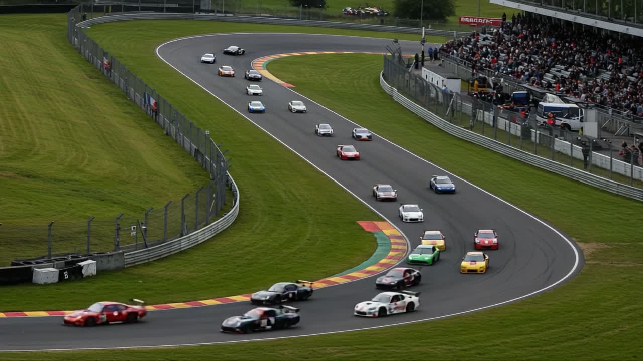 Exciting Race Day at the Track: A Dynamic Showcase of Cars Competing on a Curvy Circuit with Thrilling Speed and an Enthusiastic Crowd Cheering on the Drivers