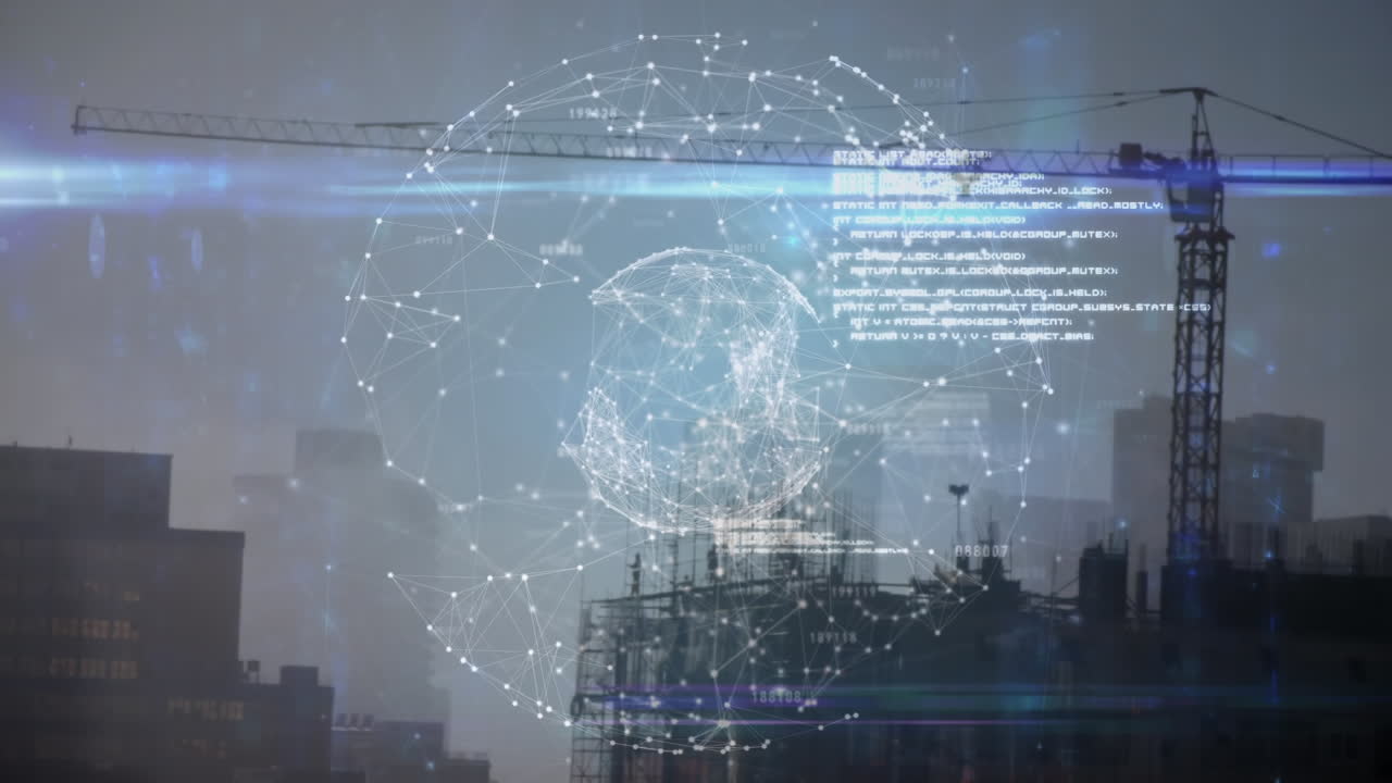 animación del globo con conexiones sobre el sitio de construcción