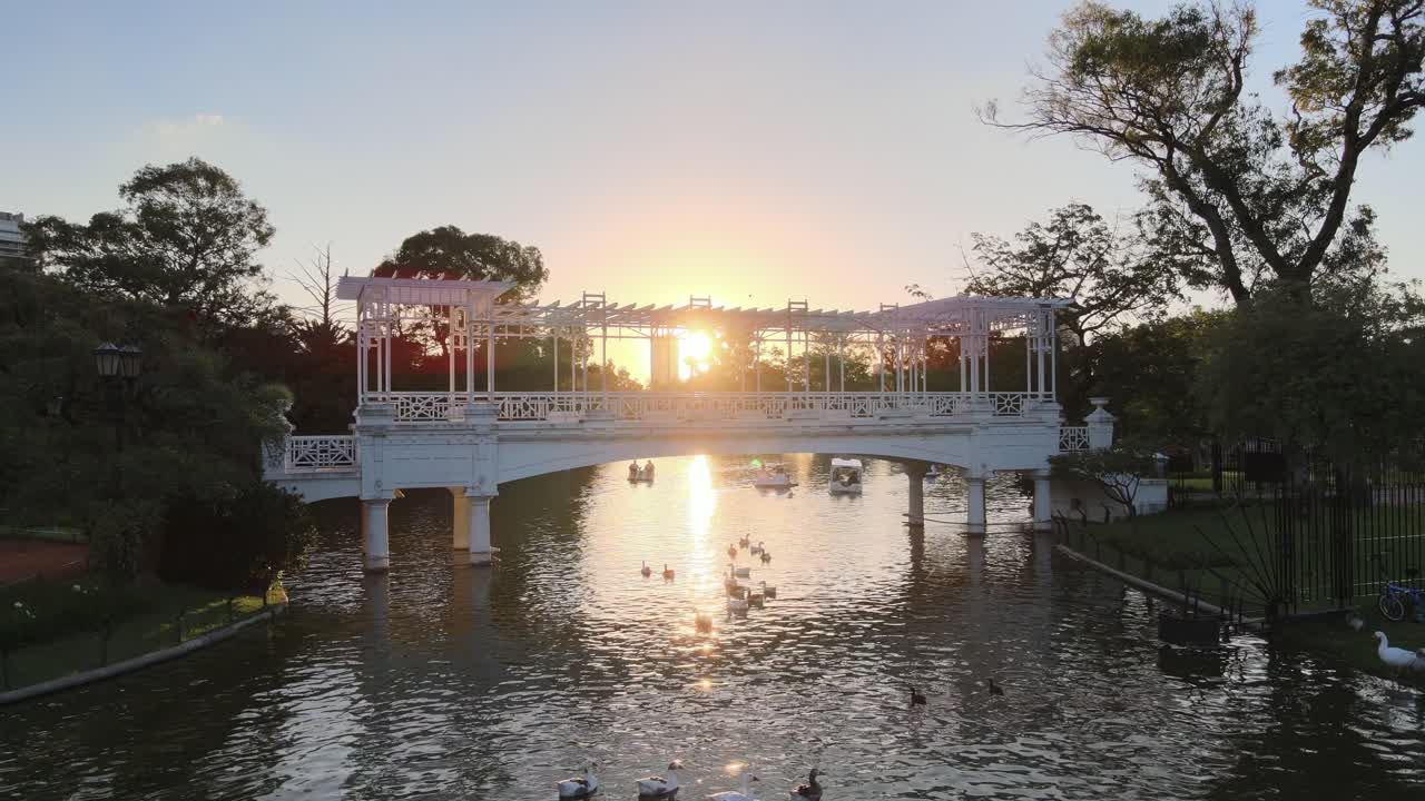 panorámica aérea a la derecha del estanque de rosedal gardens y puente blanco en la hora dorada, barrio de palermo, buenos aires.