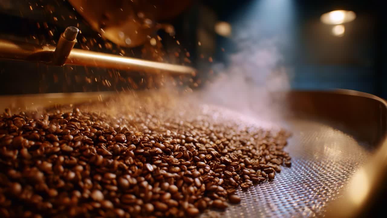 Beneath the Roasting Machine: A Close-Up View of Aromatic Coffee Beans as They Transform into Rich Roasted Goodness, Emitting Steam and Fragrance