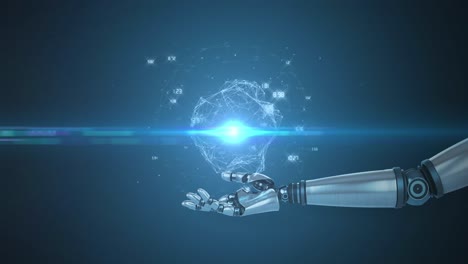 animación de la red de conexiones y números sobre la mano del robot y el fondo oscuro