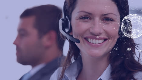 Animation-of-globe-over-businesswoman-phone-headset