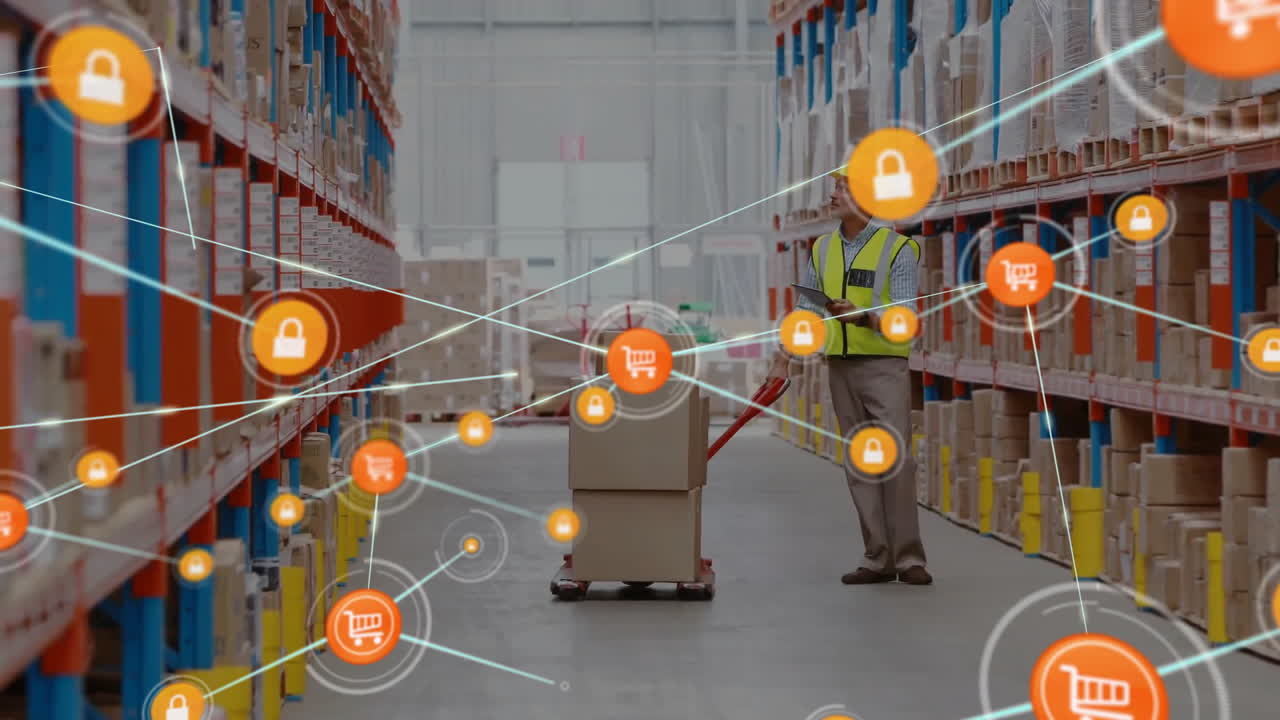 창고의 백인 남성 노동자에 대한 아이콘과 연결 네트워크의 애니메이션